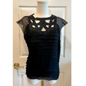 Leon Max Limited Edition Black Silk Tiered Blouse Cap Sleeves Cutout Neck Size M